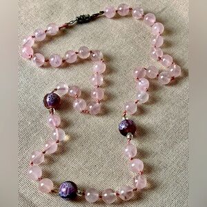 Vintage Rose Quartz and hand painted glass Necklace